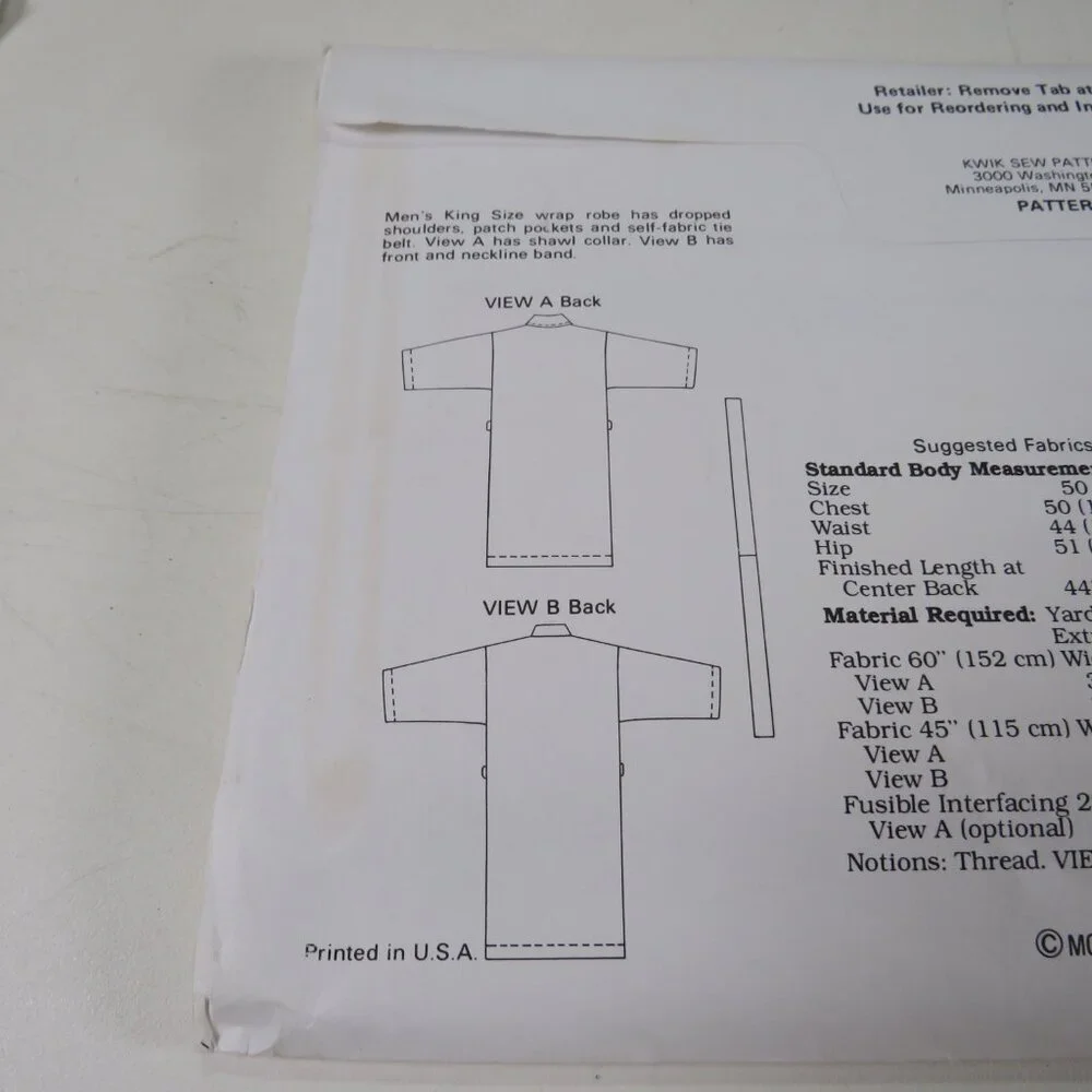 Kwik Sew 1664 clothing pattern UNCUT Men's King Size Robe size 50-56